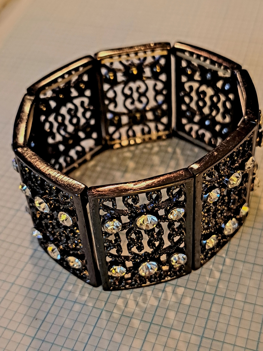Gunmetak Tone Filigree Crystal Accent Bracelet - Black - Picture 3 of 7